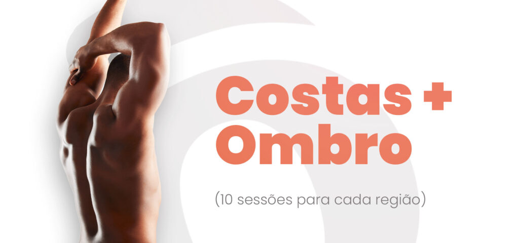 Banner promocional de depilação a laser com o texto "Costas + Ombro (10 sessões para cada região)". À esquerda, imagem das costas e ombros de um homem de pele negra com os braços erguidos, mostrando a região depilada.