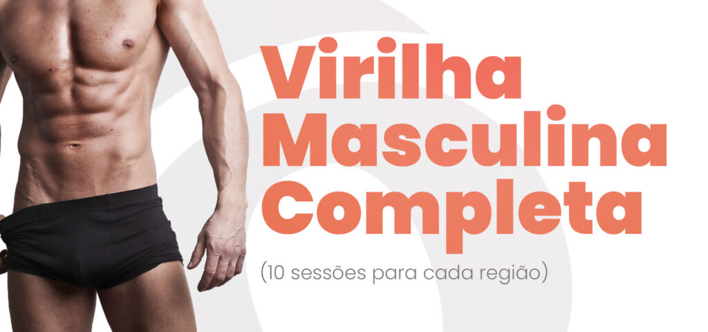 Banner de depilação a laser masculina com o texto "Virilha Masculina Completa (10 sessões para cada região)". À esquerda, close-up do tronco e coxas de um homem vestindo uma cueca boxer preta.